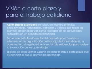 Visión a corto plazo y
para el trabajo cotidiano
 Aprendizajes esperados: señalan, de manera sintética,
conocimientos, habilidades, actitudes y valores que todos los
alumnos deben alcanzar como resultado de las actividades
realizadas en un periodo determinado.
 Son el referente fundamental del docente para centrar su
intervención, la organización del trabajo de los estudiantes, la
observación, el registro y la obtención de evidencias para realizar
la evaluación de los aprendizajes.
 El logro de estos últimos supone alcanzar metas a corto plazo que
evidencian lo que el alumno ha aprendido.
 