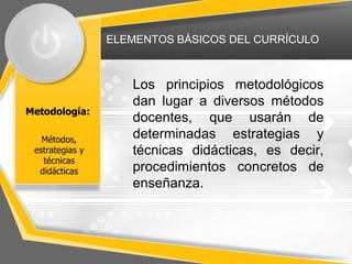 ELEMENTOS BÁSICOS DEL CURRÍCULO
Metodología:
Los principios metodológicos
dan lugar a diversos métodos
docentes, que usarán de
determinadas estrategias y
técnicas didácticas, es decir,
procedimientos concretos de
enseñanza.
Métodos,
estrategias y
técnicas
didácticas
 