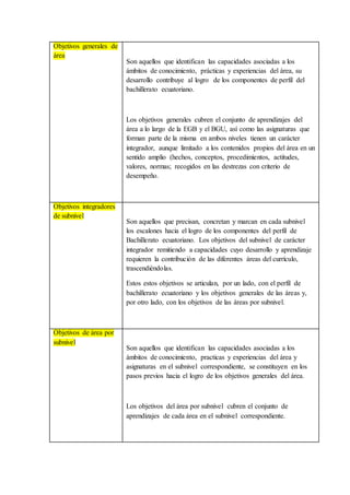 Objetivos generales de
área
Son aquellos que identifican las capacidades asociadas a los
ámbitos de conocimiento, prácticas y experiencias del área, su
desarrollo contribuye al logro de los componentes de perfil del
bachillerato ecuatoriano.
Los objetivos generales cubren el conjunto de aprendizajes del
área a lo largo de la EGB y el BGU, así como las asignaturas que
forman parte de la misma en ambos niveles tienen un carácter
integrador, aunque limitado a los contenidos propios del área en un
sentido amplio (hechos, conceptos, procedimientos, actitudes,
valores, normas; recogidos en las destrezas con criterio de
desempeño.
Objetivos integradores
de subnivel
Son aquellos que precisan, concretan y marcan en cada subnivel
los escalones hacia el logro de los componentes del perfil de
Bachillerato ecuatoriano. Los objetivos del subnivel de carácter
integrador remitiendo a capacidades cuyo desarrollo y aprendizaje
requieren la contribución de las diferentes áreas del currículo,
trascendiéndolas.
Estos estos objetivos se articulan, por un lado, con el perfil de
bachillerato ecuatoriano y los objetivos generales de las áreas y,
por otro lado, con los objetivos de las áreas por subnivel.
Objetivos de área por
subnivel
Son aquellos que identifican las capacidades asociadas a los
ámbitos de conocimiento, practicas y experiencias del área y
asignaturas en el subnivel correspondiente, se constituyen en los
pasos previos hacia el logro de los objetivos generales del área.
Los objetivos del área por subnivel cubren el conjunto de
aprendizajes de cada área en el subnivel correspondiente.
 