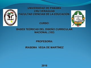 UNIVERSIDAD DE PANAMÁUNIVERSIDAD DE PANAMÁ
CRU VERAGUASCRU VERAGUAS
FACULTAD CIENCIAS DE LA EDUCACIÓNFACULTAD CIENCIAS DE LA EDUCACIÓN
CURSO:CURSO:
BASES TEÓRICAS DEL DISEÑO CURRICULARBASES TEÓRICAS DEL DISEÑO CURRICULAR
NACIONAL (102)NACIONAL (102)
PROFESORA:PROFESORA:
IRASEMA VEGA DE MARTÍNEZIRASEMA VEGA DE MARTÍNEZ
20162016
 