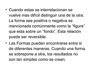 Cuando estas se interrelacionan se vuelve mas difícil distinguir una de la otra. La forma sea positiva o negativa es mencionada comúnmente como la “figura” que esta sobre un “fondo”. Esta relación puede ser reversible.  Las Formas pueden encontrarse entre si de diferentes maneras. Cuando una forma se sobrepone a otra, los resultados no son tan simples como se creen. 