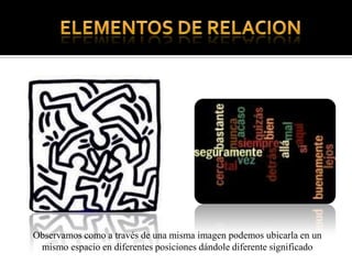 ELEMENTOS DE RELACIONObservamos como a través de una misma imagen podemos ubicarla en un mismo espacio en diferentes posiciones dándole diferente significado