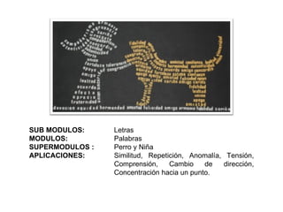 SUB MODULOS:     Letras
MODULOS:         Palabras
SUPERMODULOS :   Perro y Niña
APLICACIONES:    Similitud, Repetición, Anomalía, Tensión,
                 Comprensión,     Cambio    de   dirección,
                 Concentración hacia un punto.
 
