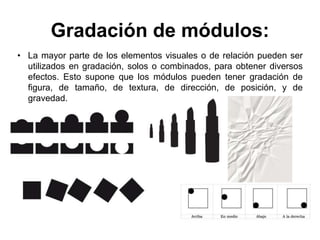 Gradación de módulos:
• La mayor parte de los elementos visuales o de relación pueden ser
utilizados en gradación, solos o combinados, para obtener diversos
efectos. Esto supone que los módulos pueden tener gradación de
figura, de tamaño, de textura, de dirección, de posición, y de
gravedad.
 