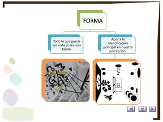 FORMA
Todo lo que puede
ser visto posee una
forma.
Aporta la
identificación
principal en nuestra
percepción.
 