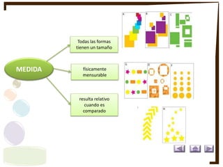 MEDIDA
Todas las formas
tienen un tamaño
físicamente
mensurable
resulta relativo
cuando es
comparado
 
