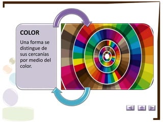 COLOR
Una forma se
distingue de
sus cercanías
por medio del
color.
 