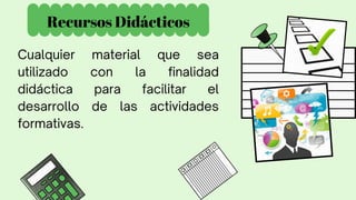 Recursos Didácticos
Cualquier material que sea
utilizado con la finalidad
didáctica para facilitar el
desarrollo de las actividades
formativas.
 