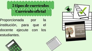 5 tipos de currículos
Currículo oficial
Proporcionada por la
institución, para que el
docente ejecute con los
estudiantes.
 