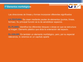1ª Elementos morfológicos 
Las direcciones de líneas y formas incorporan diferentes significados 
LA TEXTURA: Se crean mediante pautas de elementos (puntos, líneas, 
formas). Su principal función es la de sensibilizar espacios. 
EL PLANO: Identifica los diferentes bloques o áreas en que se estructura 
la imagen. Elemento plástico que dicta la ordenación del espacio. 
EL COLOR: Es también un elemento morfológico, pero, por su especial 
relevancia, lo veremos en un capítulo aparte 
 