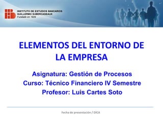 ELEMENTOS DEL ENTORNO DE
      LA EMPRESA
  Asignatura: Gestión de Procesos
Curso: Técnico Financiero IV Semestre
     Profesor: Luis Cartes Soto


            Fecha de presentación / DICA
 