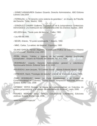 - GOMEZ ARANGUREN Gustavo Eduardo. Derecho Administrativo, ABC Editores
Librería Ltda.2004
- FERRAJOLI, L. “El derecho como sistema de garantías»”, en Anuario de Filosofía
del Derecho. Trotta, Madrid, 1999.
- GONZALEZ CHARRY Guillermo, Organización de la Jurisprudencia Contencioso
Administrativo y la Distribución de Competencias entre los diversos órganos. 2004
-KELSEN Hans, “Teoría pura del derecho”, Dalloz, 1962.
- Ley 489 de 1998.
- NEGRI, Antonio, “El poder constituyente “, Imperio, 1992.
- NINO, Carlos, “La validez del derecho”, Esjuridica, 1985
-OLANO GARCÍA, Hernán Alejandro, “Constitución Política de Colombia e Historia
Constitucional”, Doctrina y Ley, 2001.
-PEÑA, Alberto, “Validez y vigencia de las normas: algunas precisiones
conceptuales”. Anuario de Filosofía del Derecho, vol. XVI, 1999
-RODRIGUEZ Libardo. Derecho Administrativo general y colombiano.
Decimocuarta Edición. Editorial Temis S. A. 2005
-ROUSSEAU Jean-Jacques, "El Contrato Social “, Alianza Editorial, Madrid, 1990.
- STRICKER, Staint, “Fisiología del derecho” .Librería de Victoriano Suárez, 1896.
-TOBO RODRIGUEZ Javier. La Corte Constitucional y el Control de
Constitucionalidad en Colombia. Tercera Edición reimpresión. Ediciones Jurídicas
Gustavo Ibáñez Ltda. 2006
-UPRIMNY YEPES Rodrigo, “el bloque de constitucionalidad en Colombia. Un
análisis jurisprudencial y un ensayo de sistematización doctrinal”, Legis, 2006.
-YOUNES MORENO Diego. Derecho Constitucional Colombiano, Ediciones
Jurídicas Gustavo Ibáñez Ltda. 2006
-www.registraduria.gov.co
 