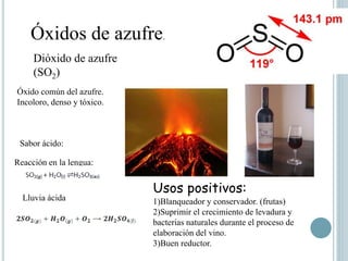 Óxidos de azufre.
Dióxido de azufre
(SO2)
Óxido común del azufre.
Incoloro, denso y tóxico.
Reacción en la lengua:
Sabor ácido:
Lluvia ácida
Usos positivos:
1)Blanqueador y conservador. (frutas)
2)Suprimir el crecimiento de levadura y
bacterias naturales durante el proceso de
elaboración del vino.
3)Buen reductor.
 