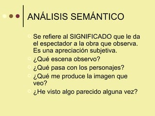 ANÁLISIS SEMÁNTICO Se refiere al SIGNIFICADO que le da el espectador a la obra que observa. Es una apreciación subjetiva. ¿Qué escena observo? ¿Qué pasa con los personajes? ¿Qué me produce la imagen que veo? ¿He visto algo parecido alguna vez? 