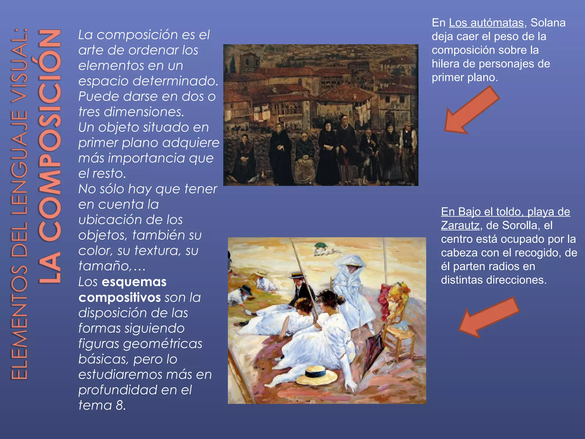 En Los autómatas, Solana
La composición es el    deja caer el peso de la
arte de ordenar los     composición sobre la
elementos en un         hilera de personajes de
espacio determinado.    primer plano.
Puede darse en dos o
tres dimensiones.
Un objeto situado en
primer plano adquiere
más importancia que
el resto.
No sólo hay que tener
en cuenta la
                         En Bajo el toldo, playa de
ubicación de los         Zarautz, de Sorolla, el
objetos, también su      centro está ocupado por la
color, su textura, su    cabeza con el recogido, de
tamaño,…                 él parten radios en
Los esquemas             distintas direcciones.
compositivos son la
disposición de las
formas siguiendo
figuras geométricas
básicas, pero lo
estudiaremos más en
profundidad en el
tema 8.
 