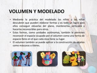 VOLUMEN Y MODELADO
• Mediante la práctica del modelado los niños y las niñas
descubren que pueden elaborar formas y es todo un logro para
ellos conseguir elevarlas del plano, mantenerlas verticales y
hacerlas reconocibles para otros.
• Estas formas, como unidades autónomas, también le permiten
reconocer el espacio ocupado por el volumen como una forma de
espacio lleno en el que cada cosa tiene su lugar.
• El volumen también se puede aplicar a la construcción de objetos
como máscaras o títeres.
 