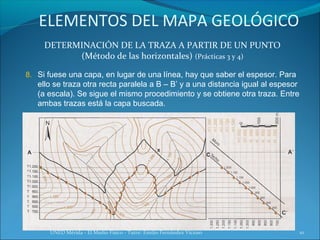 ELEMENTOS DEL MAPA GEOLÓGICO
     DETERMINACIÓN DE LA TRAZA A PARTIR DE UN PUNTO
           (Método de las horizontales) (Prácticas 3 y 4)

8. Si fuese una capa, en lugar de una línea, hay que saber el espesor. Para
   ello se traza otra recta paralela a B – B’ y a una distancia igual al espesor
   (a escala). Se sigue el mismo procedimiento y se obtiene otra traza. Entre
   ambas trazas está la capa buscada.




      UNED Mérida - El Medio Físico - Tutor: Emilio Fernández Vicioso              10
 
