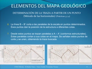 ELEMENTOS DEL MAPA GEOLÓGICO
     DETERMINACIÓN DE LA TRAZA A PARTIR DE UN PUNTO
           (Método de las horizontales) (Prácticas 3 y 4)


6. La línea B – B’ corta a las paralelas de la escala en puntos determinados.
   Esos puntos dan la posición de la estructura a diferentes cotas.

7. Desde estos puntos se trazan paralelas a A – A’ (contornos estructurales).
   Estas paralelas cortan a sus cotas en el mapa. Se señalan estos puntos de
   corte y se unen, obteniendo la traza buscada.




      UNED Mérida - El Medio Físico - Tutor: Emilio Fernández Vicioso           8
 