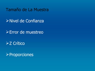 Tamaño de La Muestra Nivel de Confianza Error de muestreo Z Crítico Proporciones  