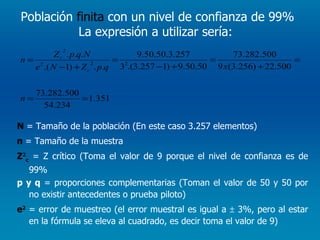Población  finita  con un nivel de confianza de 99% La expresión a utilizar sería:  N  = Tamaño de la población (En este caso 3.257 elementos)  n  = Tamaño de la muestra Z 2 c  = Z crítico (Toma el valor de 9 porque el nivel de confianza es de 99% p y q  = proporciones complementarias (Toman el valor de 50 y 50 por no existir antecedentes o prueba piloto) e 2  = error de muestreo (el error muestral es igual a    3%, pero al estar en la fórmula se eleva al cuadrado, es decir toma el valor de 9) 