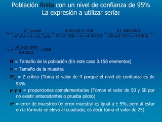 Población  finita  con un nivel de confianza de 95% La expresión a utilizar sería :   N  = Tamaño de la población (En este caso 3.158 elementos)  n  = Tamaño de la muestra Z 2 c  = Z crítico (Toma el valor de 4 porque el nivel de confianza es de 95% p y q  = proporciones complementarias (Toman el valor de 50 y 50 por no existir antecedentes o prueba piloto) e 2   = error de muestreo (el error muestral es igual a    5%, pero al estar en la fórmula se eleva al cuadrado, es decir toma el valor de 25) 