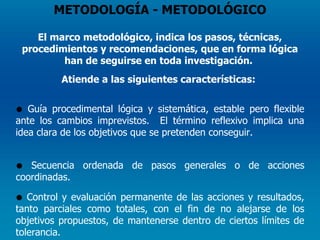 METODOLOGÍA - METODOLÓGICO El marco metodológico, indica los pasos, técnicas, procedimientos y recomendaciones, que en forma lógica han de seguirse en toda investigación.  Atiende a las siguientes características:  Guía procedimental lógica y sistemática, estable pero flexible ante los cambios imprevistos.  El término reflexivo implica una idea clara de los objetivos que se pretenden conseguir.  Secuencia ordenada de pasos generales o de acciones coordinadas.   Control y evaluación permanente de las acciones y resultados, tanto parciales como totales, con el fin de no alejarse de los objetivos propuestos, de mantenerse dentro de ciertos límites de tolerancia.  