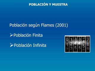 Población según Flames (2001) Población Finita Población Infinita POBLACIÓN Y MUESTRA 