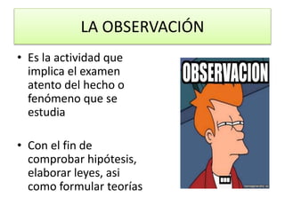 LA OBSERVACIÓN
• Es la actividad que
implica el examen
atento del hecho o
fenómeno que se
estudia
• Con el fin de
comprobar hipótesis,
elaborar leyes, asi
como formular teorías
 