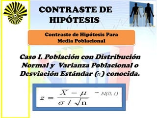 CONTRASTE DE
HIPÓTESIS
Caso I. Población con Distribución
Normal y Varianza Poblacional o
Desviación Estándar (σ) conocida.
Contraste de Hipótesis Para
Media Poblacional
 