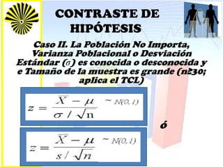 CONTRASTE DE
HIPÓTESIS
Caso II. La Población No Importa,
Varianza Poblacional o Desviación
Estándar (σ) es conocida o desconocida y
e Tamaño de la muestra es grande (n≥30;
aplica el TCL)
ó
 