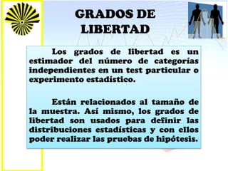 GRADOS DE
LIBERTAD
Los grados de libertad es un
estimador del número de categorías
independientes en un test particular o
experimento estadístico.
Están relacionados al tamaño de
la muestra. Así mismo, los grados de
libertad son usados para definir las
distribuciones estadísticas y con ellos
poder realizar las pruebas de hipótesis.
 