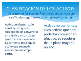 CLASIFICACION DE LOS ACTIVOS
  Al presentar los estados financieros, los activos son
  clasificados según sean corrientes o no corrientes.

Activo corriente: todo        Activos no corrientes:
aquel activo que es
                              a los activos que para
susceptible de convertirse
en efectivo en un plazo       poderlos convertir en
igual o inferior a un año.    efectivo, se requiere
Es corriente todo aquel       de un plazo mayor a
activo que se puede           un año.
vender en un tiempo
corto.
 