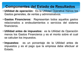 Componentes del Estado de Resultados
• Utilidad de operación: Es la Utilidad Operativa menos los
  Gastos generales, de ventas y administrativos.
• Gastos Financieros: Representan todos aquellos gastos
  relacionados a endeudamientos o servicios del sistema
  financieros.
• Utilidad antes de impuestos: es la Utilidad de Operación
  menos los Gastos Financieros y es el monto sobre el cual
  se calculan los impuestos.
• Impuestos: es un porcentaje de la Utilidad antes de
  impuestos y es el pago que la empresa debe efectuar al
  Estado.
 