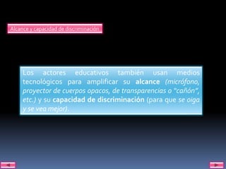 Alcance y capacidad de discriminación




     Los actores educativos también usan medios
     tecnológicos para amplificar su alcance (micrófono,
     proyector de cuerpos opacos, de transparencias o “cañón”,
     etc.) y su capacidad de discriminación (para que se oiga
     y se vea mejor).
 