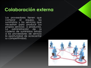 Los proveedores tienen que
comprar el equipo, los
suministros y los servicios que
necesitan para producir sus
propios servicios o productos.
La administración de la
cadena de suministros brinda
a los proveedores de servicio
la oportunidad de acrecentar
su competitividad.
 