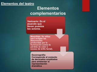 Elementos del teatro
Elementos
complementarios
Vestuario: Es el
atuendo que
llevan puestos
los actores.
Maquillaje: Se utiliza
para arreglar las
distorsiones
producidas por la
iluminación (como la
pérdida de color o
exceso de brillo facial).
Escenografía:
Corresponde al conjunto
de decorados empleados
para ambientar la
representación
dramática
 