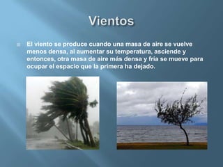    El viento se produce cuando una masa de aire se vuelve
    menos densa, al aumentar su temperatura, asciende y
    entonces, otra masa de aire más densa y fría se mueve para
    ocupar el espacio que la primera ha dejado.
 