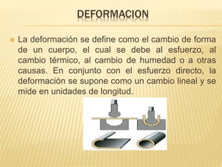 DEFORMACION 
 La deformación se define como el cambio de forma 
de un cuerpo, el cual se debe al esfuerzo, al 
cambio térmico, al cambio de humedad o a otras 
causas. En conjunto con el esfuerzo directo, la 
deformación se supone como un cambio lineal y se 
mide en unidades de longitud. 
 