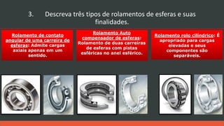 Rolamento rolo cilíndrico: É
apropriado para cargas
elevadas e seus
componentes são
separáveis.
Rolamento de contato
angular de uma carreira de
esferas: Admite cargas
axiais apenas em um
sentido.
Rolamento Auto
compensador de esferas:
Rolamento de duas carreiras
de esferas com pistas
esféricas no anel esférico.
3. Descreva três tipos de rolamentos de esferas e suas
finalidades.
 
