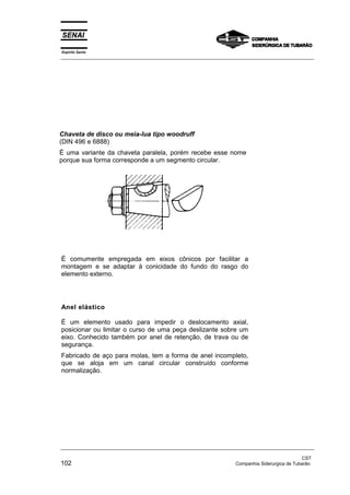 Espírito Santo
_________________________________________________________________________________________________
_________________________________________________________________________________________________
CST
102 Companhia Siderurgica de Tubarão
Chaveta de disco ou meia-lua tipo woodruff
(DIN 496 e 6888)
É uma variante da chaveta paralela, porém recebe esse nome
porque sua forma corresponde a um segmento circular.
É comumente empregada em eixos cônicos por facilitar a
montagem e se adaptar à conicidade do fundo do rasgo do
elemento externo.
Anel elástico
É um elemento usado para impedir o deslocamento axial,
posicionar ou limitar o curso de uma peça deslizante sobre um
eixo. Conhecido também por anel de retenção, de trava ou de
segurança.
Fabricado de aço para molas, tem a forma de anel incompleto,
que se aloja em um canal circular construído conforme
normalização.
 