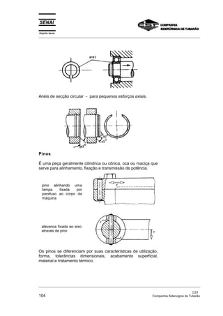 Espírito Santo
_________________________________________________________________________________________________
_________________________________________________________________________________________________
CST
104 Companhia Siderurgica de Tubarão
Anéis de secção circular - para pequenos esforços axiais.
Pinos
É uma peça geralmente cilíndrica ou cônica, oca ou maciça que
serve para alinhamento, fixação e transmissão de potência.
Os pinos se diferenciam por suas características de utilização,
forma, tolerâncias dimensionais, acabamento superficial,
material e tratamento térmico.
alavanca fixada ao eixo
através de pino
pino alinhando uma
tampa fixada por
parafuso ao corpo da
máquina
 