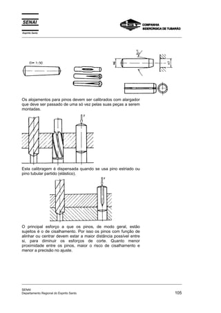Espírito Santo
_________________________________________________________________________________________________
_________________________________________________________________________________________________
SENAI
Departamento Regional do Espirito Santo 105
Os alojamentos para pinos devem ser calibrados com alargador
que deve ser passado de uma só vez pelas suas peças a serem
montadas.
Esta calibragem é dispensada quando se usa pino estriado ou
pino tubular partido (elástico).
O principal esforço a que os pinos, de modo geral, estão
sujeitos é o de cisalhamento. Por isso os pinos com função de
alinhar ou centrar devem estar a maior distância possível entre
si, para diminuir os esforços de corte. Quanto menor
proximidade entre os pinos, maior o risco de cisalhamento e
menor a precisão no ajuste.
 