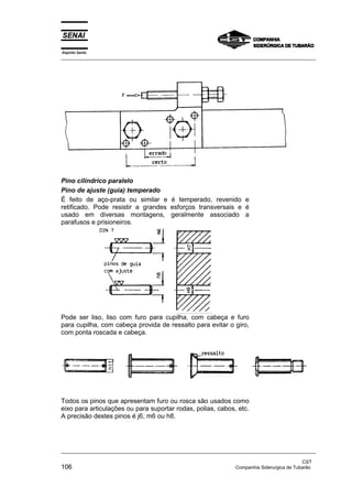 Espírito Santo
_________________________________________________________________________________________________
_________________________________________________________________________________________________
CST
106 Companhia Siderurgica de Tubarão
Pino cilíndrico paralelo
Pino de ajuste (guia) temperado
É feito de aço-prata ou similar e é temperado, revenido e
retificado. Pode resistir a grandes esforços transversais e é
usado em diversas montagens, geralmente associado a
parafusos e prisioneiros.
Pode ser liso, liso com furo para cupilha, com cabeça e furo
para cupilha, com cabeça provida de ressalto para evitar o giro,
com ponta roscada e cabeça.
Todos os pinos que apresentam furo ou rosca são usados como
eixo para articulações ou para suportar rodas, polias, cabos, etc.
A precisão destes pinos é j6, m6 ou h8.
 