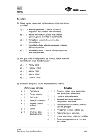 Espírito Santo
_________________________________________________________________________________________________
_________________________________________________________________________________________________
SENAI
Departamento Regional do Espírito Santo 137
Exercício
1) Quais são as causas das rachaduras que podem surgir nas
correias?
a) ( ) Altas temperaturas, polias de diâmetros
pequenos, deslizamento na transmissão.
b) ( ) Baixas temperaturas, polias de diâmetros
grandes, poeira e deslize de transmissão.
c) ( ) Variação de velocidades, poeira, altas
temperaturas.
d) ( ) Velocidades fixas, altas temperaturas, polias de
diâmetros grandes.
e) ( ) Velocidades altas, polias de diâmetros grandes,
altas temperaturas.
2) Em qual faixa de temperatura as correias podem trabalhar
sem sofrerem início de deterioração?
a) ( ) 70ºC a 90ºC;
b) ( ) 100ºC a 120ºC;
c) ( ) 60ºC a 70ºC;
d) ( ) 60ºC a 100ºC;
e) ( ) 120ºC a 150ºC.
3) Relacione a segunda coluna de acordo com a primeira.
Defeitos das correias Soluções
a) ( ) Rachadura
b) ( ) Cortes laterais
c) ( ) Patinação
d) ( ) Vibração excessiva
e) ( ) Jogo de correias
malfeito
f) ( ) Cortes
g) ( ) Envelope gasto
desigualmente
1. ( ) Trocar as polias; trocar as correias;
usar somente correias novas.
2. ( ) Lubrificar adequadamente.
3. ( ) Remover obstrução; verificar o
comprimento da correia.
4. ( ) Tensionar adequadamente; alinhar o
sistema; proteger.
5. ( ) Proteger as correias ou trocá-las.
6. ( ) Redimensionar os sistemas.
7. ( ) Limpar e corrigir as polias ou trocá-las.
8. ( ) Tensionar adequadamente ou trocar
as correias.
 