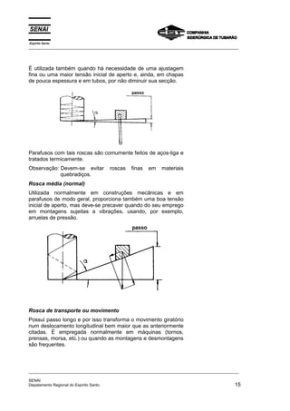 Espírito Santo
_________________________________________________________________________________________________
_________________________________________________________________________________________________
SENAI
Depatamento Regional do Espírito Santo 15
É utilizada também quando há necessidade de uma ajustagem
fina ou uma maior tensão inicial de aperto e, ainda, em chapas
de pouca espessura e em tubos, por não diminuir sua secção.
Parafusos com tais roscas são comumente feitos de aços-liga e
tratados termicamente.
Observação: Devem-se evitar roscas finas em materiais
quebradiços.
Rosca média (normal)
Utilizada normalmente em construções mecânicas e em
parafusos de modo geral, proporciona também uma boa tensão
inicial de aperto, mas deve-se precaver quando do seu emprego
em montagens sujeitas a vibrações, usando, por exemplo,
arruelas de pressão.
Rosca de transporte ou movimento
Possui passo longo e por isso transforma o movimento giratório
num deslocamento longitudinal bem maior que as anteriormente
citadas. É empregada normalmente em máquinas (tornos,
prensas, morsa, etc.) ou quando as montagens e desmontagens
são frequentes.
 