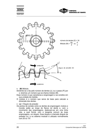 Espírito Santo
_________________________________________________________________________________________________
_________________________________________________________________________________________________
CST
28 Companhia Siderurgica de Tubarão
• (M) Módulo
Dividindo-se o Dp pelo número de dentes (z), ou o passo (P) por
π, teremos um número que se chama módulo (M).
Esse número é que caracteriza a engrenagem e se constitui em
sua unidade de medida.
O módulo é o número que serve de base para calcular a
dimensão dos dentes.
• (αααα) = Ângulo de pressão
Os pontos de contato entre os dentes da engrenagem motora e
movida estão ao longo do flanco do dente e, com o
movimento das engrenagens, deslocam-se em uma linha
reta, a qual forma, com a tangente comum às duas
engrenagens, um ângulo. Esse ângulo é chamado ângulo de
pressão (α), e no sistema modular é utilizado normalmente
com 20 ou 15º.
número de dentes (Z) = 16
Módulo (M) =
Dp
Z
ou
P
π
 