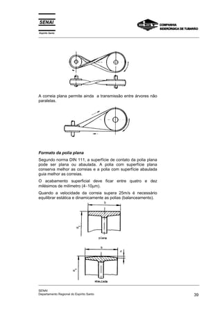 Espírito Santo
_________________________________________________________________________________________________
_________________________________________________________________________________________________
SENAI
Departamento Regional do Espírito Santo 39
A correia plana permite ainda a transmissão entre árvores não
paralelas.
Formato da polia plana
Segundo norma DIN 111, a superfície de contato da polia plana
pode ser plana ou abaulada. A polia com superfície plana
conserva melhor as correias e a polia com superfície abaulada
guia melhor as correias.
O acabamento superficial deve ficar entre quatro e dez
milésimos de milímetro (4∼10µm).
Quando a velocidade da correia supera 25m/s é necessário
equilibrar estática e dinamicamente as polias (balanceamento).
 