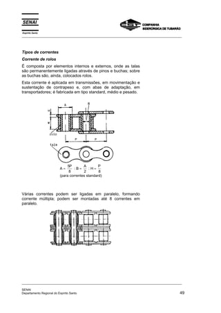 Espírito Santo
_________________________________________________________________________________________________
_________________________________________________________________________________________________
SENAI
Departamento Regional do Espírito Santo 49
Tipos de correntes
Corrente de rolos
É composta por elementos internos e externos, onde as talas
são permanentemente ligadas através de pinos e buchas; sobre
as buchas são, ainda, colocados rolos.
Esta corrente é aplicada em transmissões, em movimentação e
sustentação de contrapeso e, com abas de adaptação, em
transportadores; é fabricada em tipo standard, médio e pesado.
A ≈
5
8
P
: B ≈
A
2
: H ≈
P
8
(para correntes standard)
Várias correntes podem ser ligadas em paralelo, formando
corrente múltipla; podem ser montadas até 8 correntes em
paralelo.
 