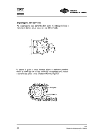 Espírito Santo
_________________________________________________________________________________________________
_________________________________________________________________________________________________
CST
52 Companhia Siderurgica de Tubarão
Engrenagens para correntes
As engrenagens para correntes têm como medidas principais o
número de dentes (Z), o passo (p) e o diâmetro (d).
O passo é igual à corda medida sobre o diâmetro primitivo
desde o centro de um vão ao centro do vão consecutivo, porque
a corrente se aplica sobre a roda em forma poligonal.
 