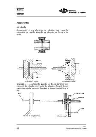 Espírito Santo
_________________________________________________________________________________________________
_________________________________________________________________________________________________
CST
66 Companhia Siderúrgica de Tubarão
Acoplamentos
Introdução
Acoplamento é um elemento de máquina que transmite
momentos de rotação segundo os princípios da forma e do
atrito.
embreagem cônica embreagem radial
Emprega-se o acoplamento quando se deseja transmitir um
momento de rotação (movimento de rotação e forças) de um
eixo motor a outro elemento de máquina situado coaxialmente a
ele.
 